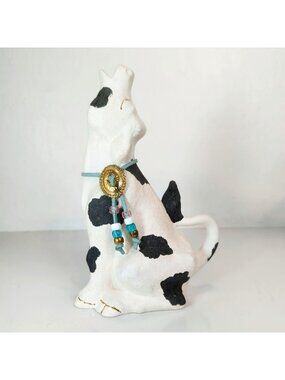 Hand Painted Ceramic Cow Figurine Southwest Beaded Collar Black White Signed QC